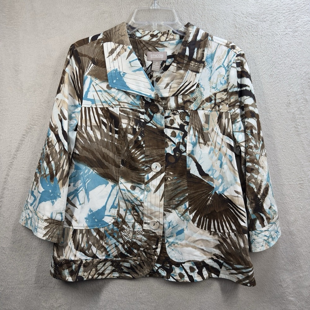 Chico's Tropical Jacket Hawaiian Print Button Closure Sz XL (3) Vacation Resort